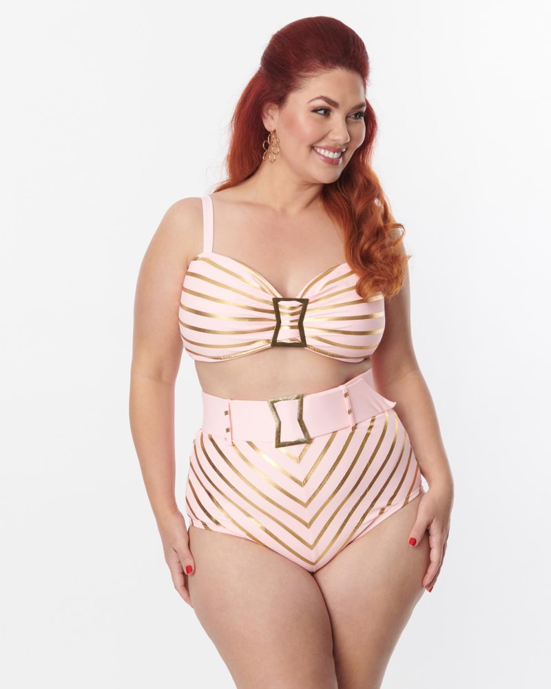 Front of a model wearing a size L Unique Vintage Pink & Rose Gold Chevron Buckle Swim Top in Pink, Striped by Unique Vintage. | dia_product_style_image_id:288559